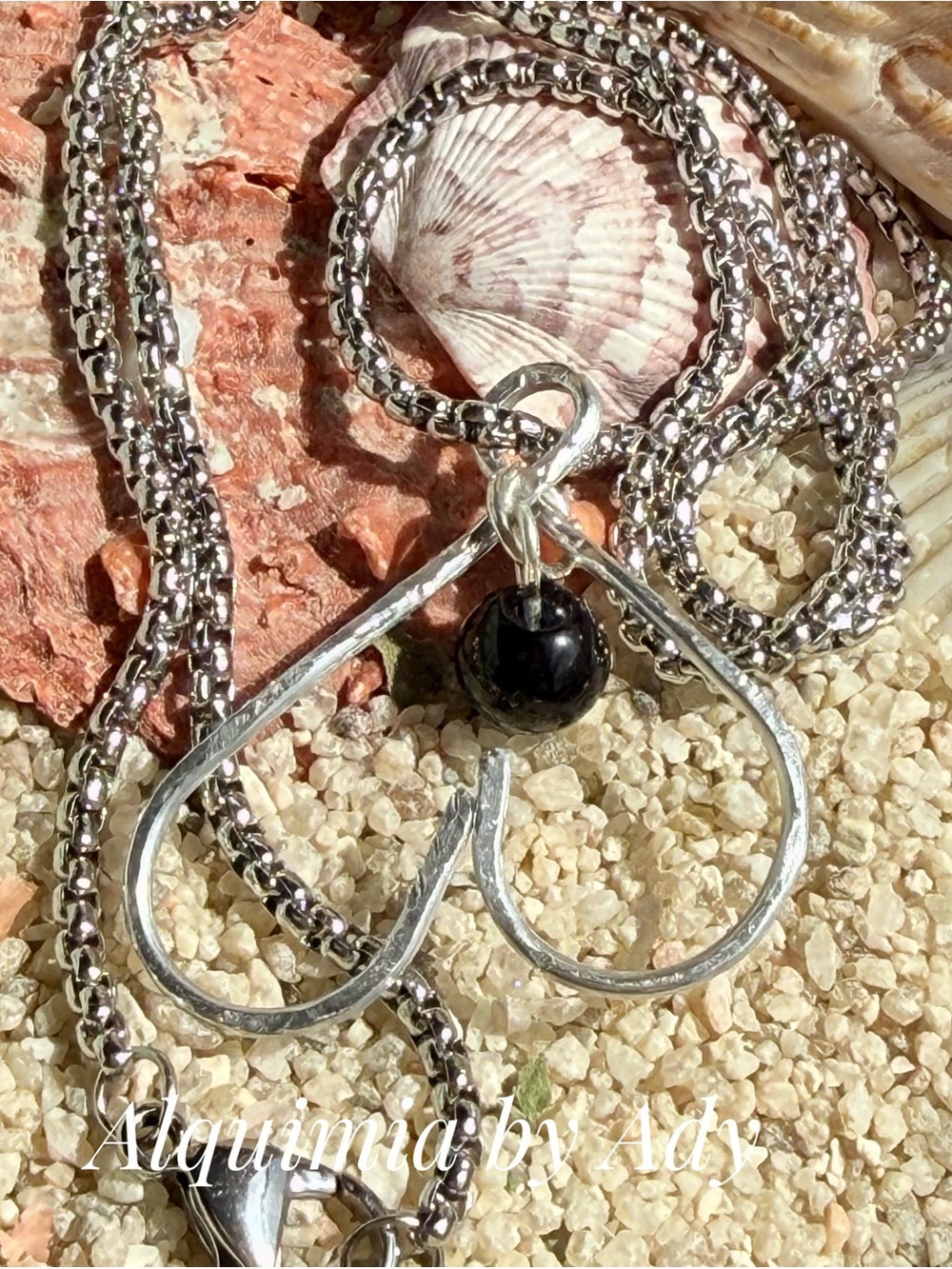 Silver Double-Heart Pendant Necklace with Black onyx charm Bead